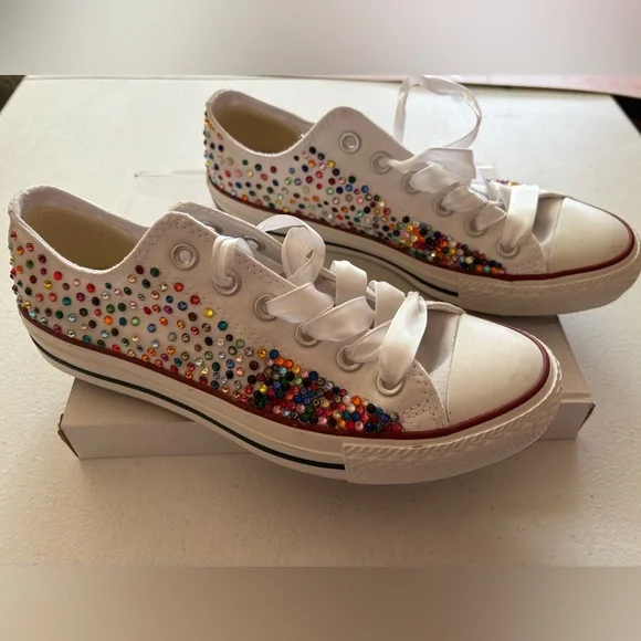 Converse Custom Multicolor Rhinestone Kicks! Sz 8 Woman. Low top one of. Kind! - Picture 2 of 16